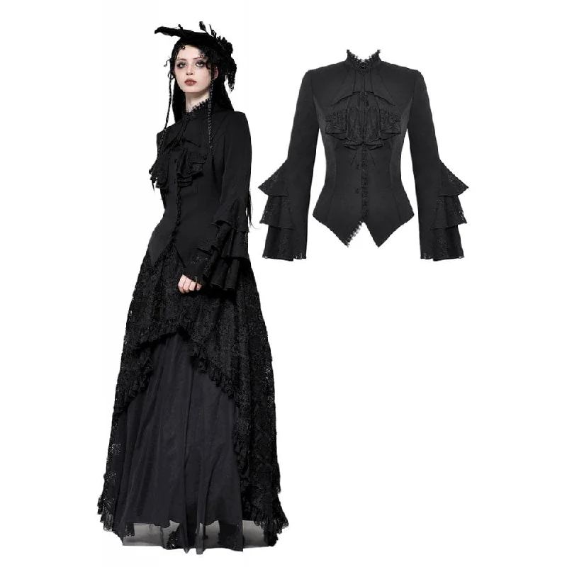 Women's Gothic Ruffled Layered Long Sleeved Shirt Silk Blend Satin Velvet