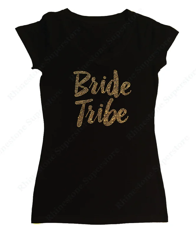 Womens T-shirt with Gold Bride Tribe in Rhinestones Print Jacquard Patchwork