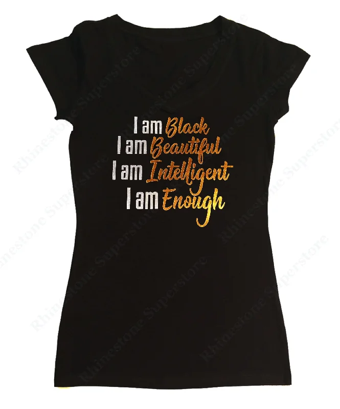 Womens T-shirt with I am Black I am Beautiful in Foil Print Asymmetrical Pockets Print