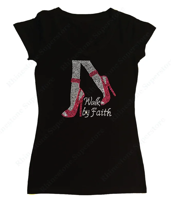 Womens T-shirt with Pink Walk by Faith in Rhinestones Mesh Blend Leather Blend Suede Blend