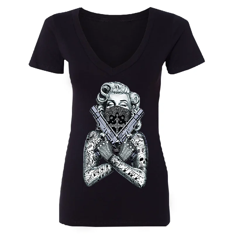 Zexpa Apparel™ Marilyn Monroe Black Bandana Cross Women's Deep V-neck Souvenir Tee Jersey Fabric Tulle Fabric Batik Fabric