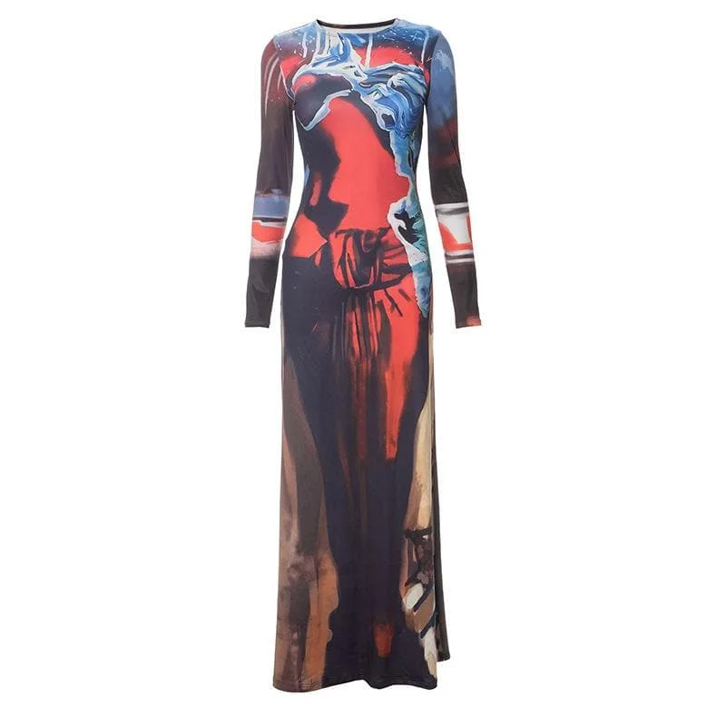 Abstract long sleeve contrast print maxi dress Fashionable Sheer Maxi Dress