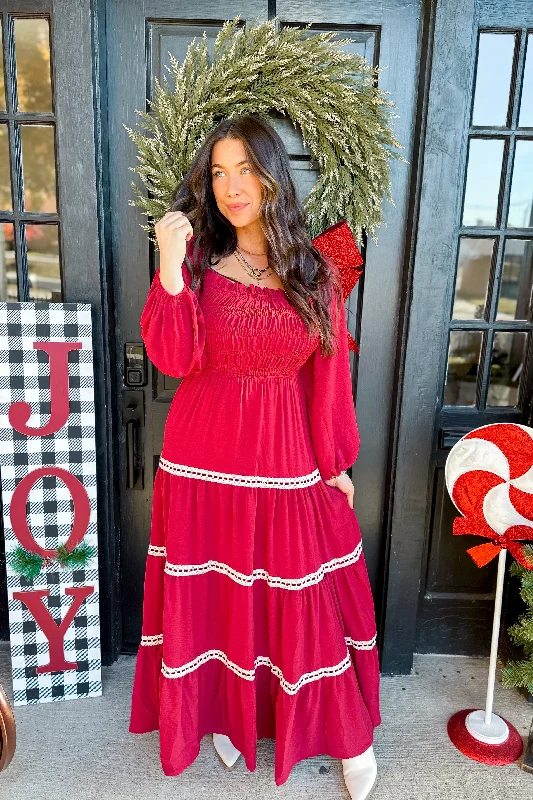 Adam Long Sleeve Smocked Lace Detail Tiered Maxi Dress Classic Tulle Maxi Dress