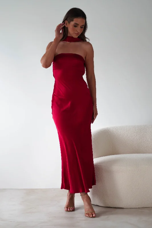 Alice Soft Satin Maxi Dress | Dark Red Stylish Boho Chic Maxi Dress