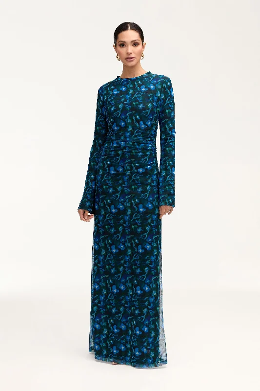Arianna Rouched Maxi Dress - Floral Watercolor Classic Tulle Maxi Dress