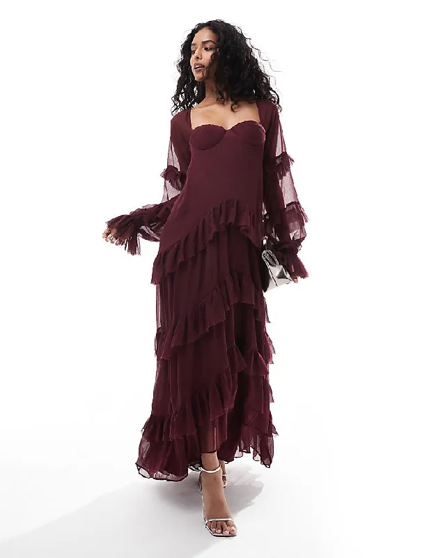 Ruffle corset detail tiered maxi dress with hi low hem in burgundy Classic Solid Maxi Dress Ruffle corset detail tiered maxi dress with hi low hem in burgundy Classic Solid Maxi Dress