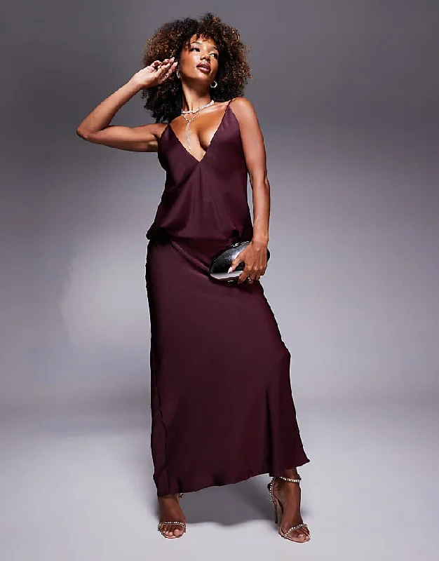 Satin plunge front strappy back maxi dress in burgundy Fashionable Printed Maxi Dress