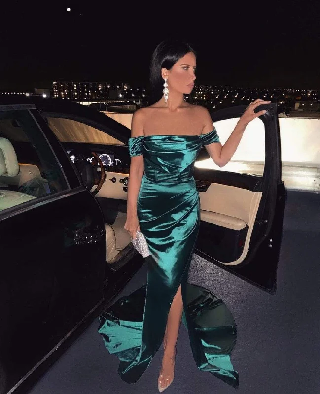 Aviva Off the Shoulder Satin Maxi Dress Elegant Maxi Dress with Pockets