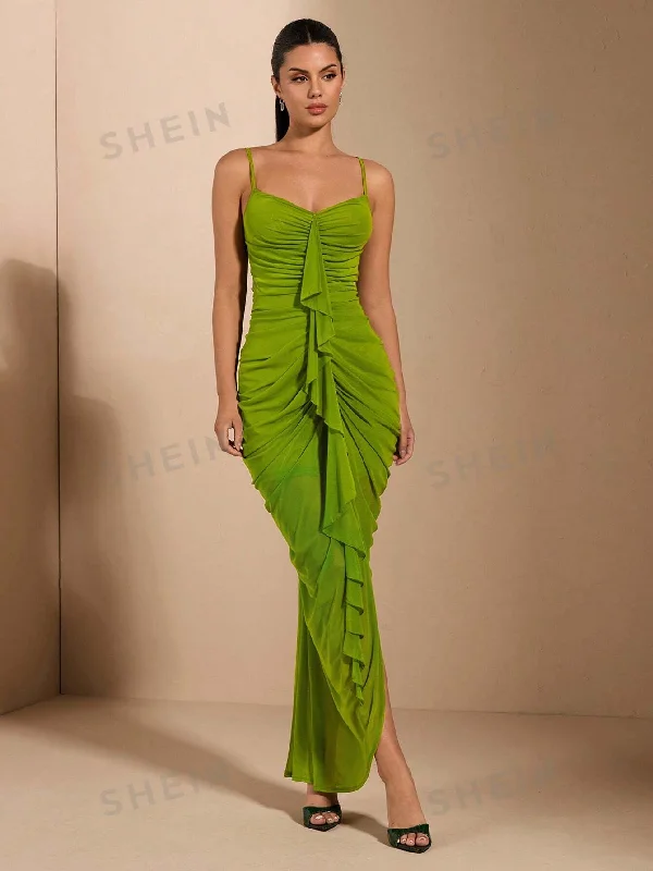 Sexy Elegant Ruffle Cami  Front Ruching Detail Maxi Dress Cozy Ribbed Maxi Dress