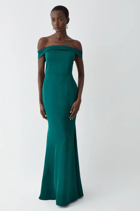 Bardot Satin Bridesmaids Maxi Dress Elegant Tiered Maxi Dress
