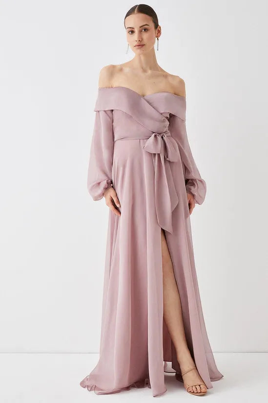 Bardot Wrap Fluid Skirt Maxi Dress Elegant Maxi Dress with Ruffles