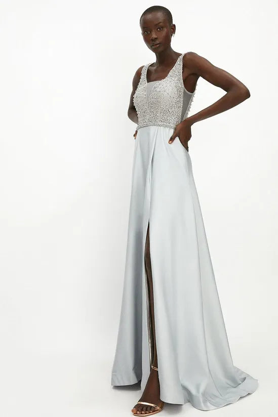 Beaded Satin Maxi Dress Fashionable Maxi Dress with Fringe
