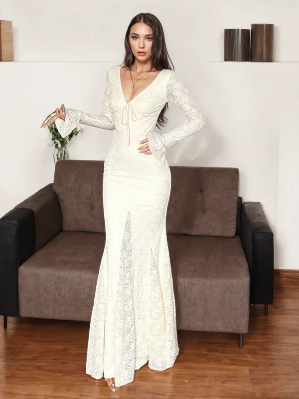 Bell Sleeves Lace White Maxi Dress Chic Summer Floral Maxi Dress
