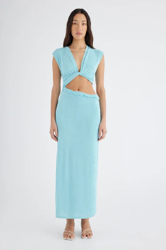Henri Twist Maxi Dress Aqua Trendy Satin Maxi Dress