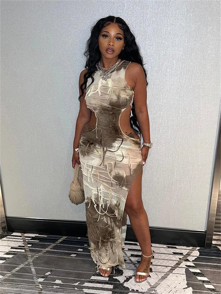 2024 Tie Dye Tassels Sleeveless Maxi Dress Cut Out Bodycon Dresses Stylish Longline Maxi Dress