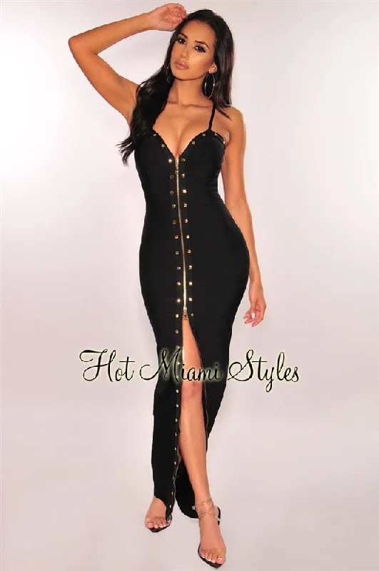 Black Gold Zipper Studded Bandage Maxi Dress Comfortable Bohemian Maxi Dress