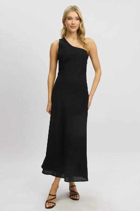 Black One Shoulder Maxi Dress Comfortable Satin Maxi Dress