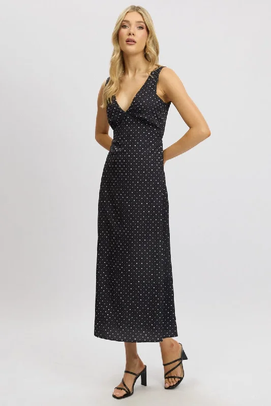 Black Polka Dot Maxi Dress V-neck Chic Summer Maxi Dress