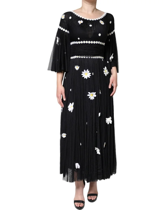 Black Silk Daisy A-line Long Maxi Dress Elegant Maxi Dress with Slit