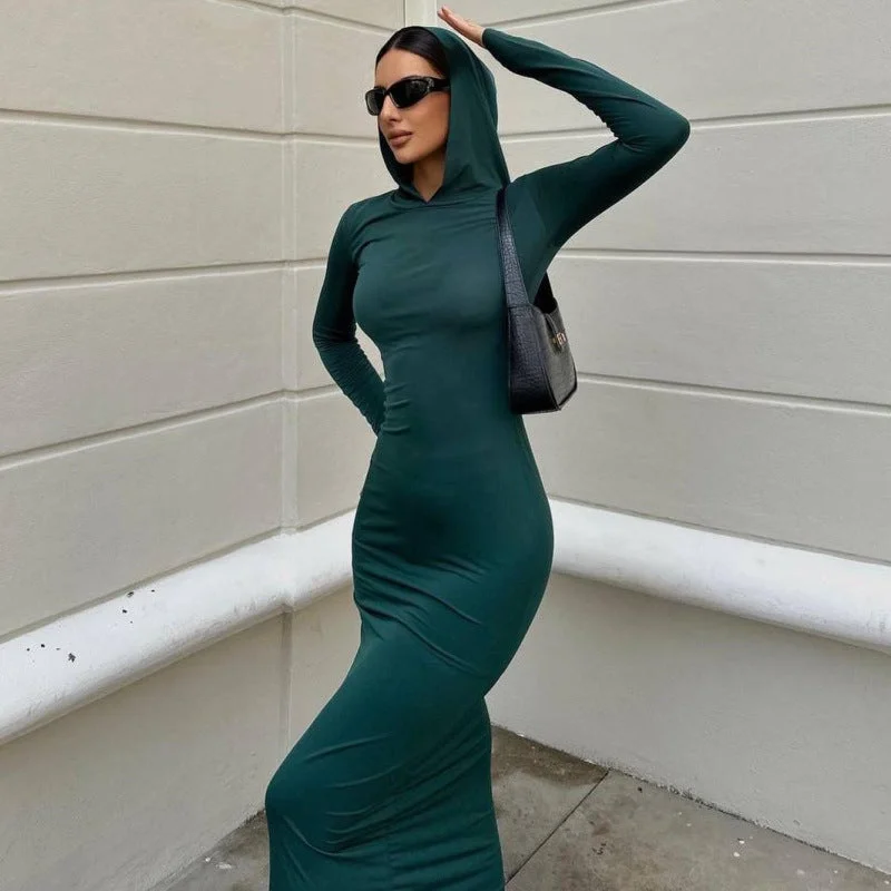 Casual Hooded Bodycon Slim Fit Maxi Dress Stylish Empire Waist Maxi Dress