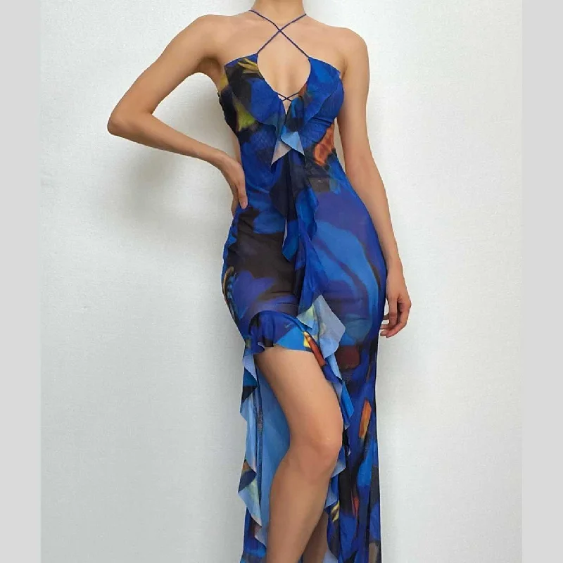 Cross front backless sheer mesh see through slit contrast print maxi dress Trendy Maxi Dress with Belt