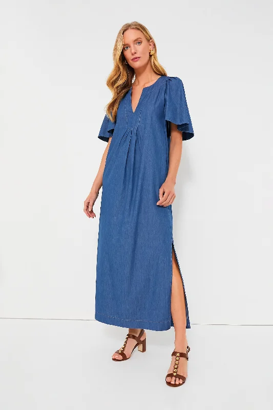 Denim Finley Flutter Sleeve Maxi Dress Comfortable Long-Sleeve Maxi Dress