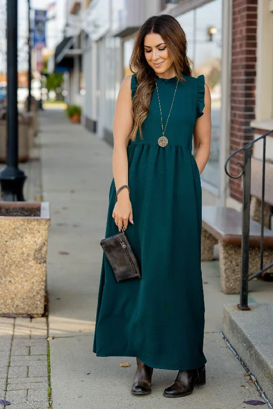 Dressy Ruffle Trim Maxi Dress Comfortable Fit-and-Flare Maxi Dress