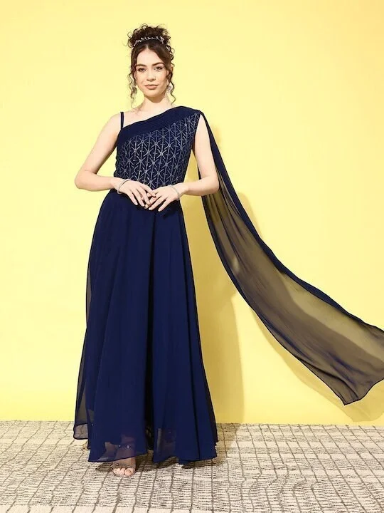 Embroidered One Shoulder Maxi Dress For Women Stylish Off-Shoulder Maxi Dress