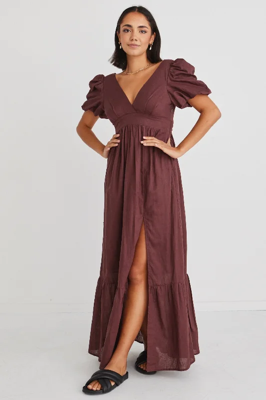 Ever After Raisin Linen Puff Sleeve Maxi Dress Comfortable Bohemian Maxi Dress