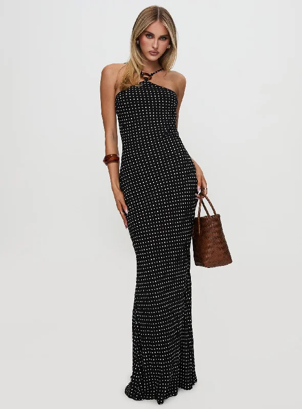 Evyn Halter Maxi Dress Polka Dot Fashionable Open-Back Maxi Dress