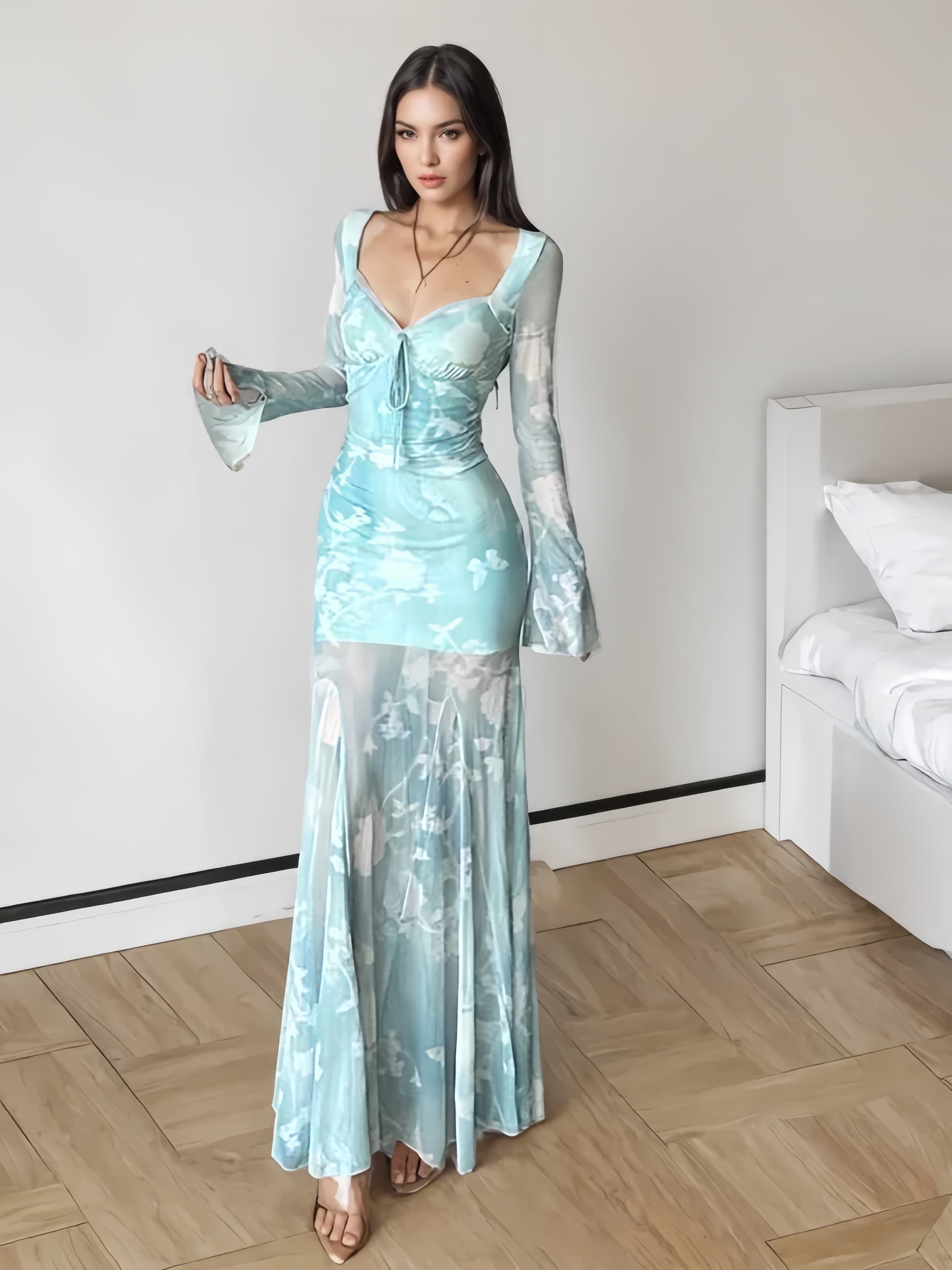 Fitted Floral Sheer Blue Maxi Dress Stylish A-Line Maxi Dress