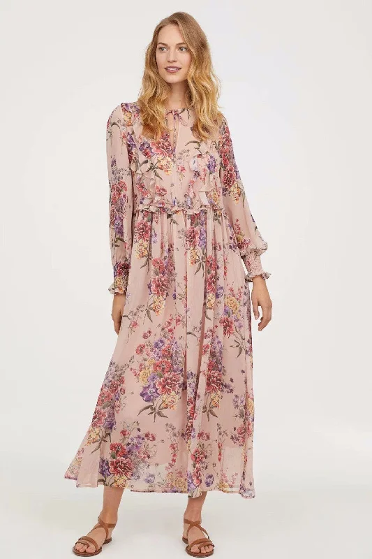 Floral Printed Long Maxi Dress Ruffles Lace Up Tunic Waist Even Party Women Dresses Boho Elegance Lady Dresses(With Linging) Stylish Boho Maxi Dress