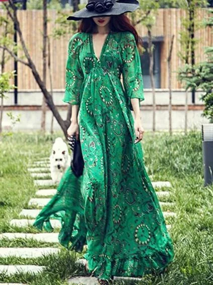 Green Flared Sleeves Bohemia Chiffon V-neck Maxi Dress Classic A-Line Maxi Dress