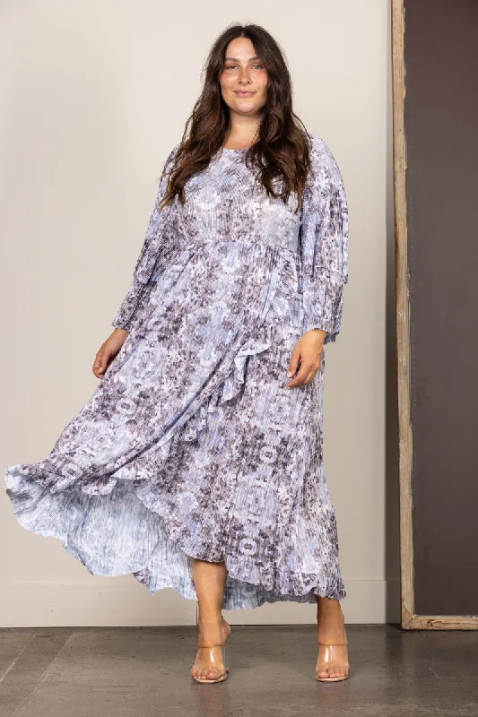 GREY PLEATED RUFFLED LONG SLEEVES PLUS SIZE MAXI DRESS VL5823A Trendy A-Line Maxi Dress GREY PLEATED RUFFLED LONG SLEEVES PLUS SIZE MAXI DRESS VL5823A Trendy A-Line Maxi Dress