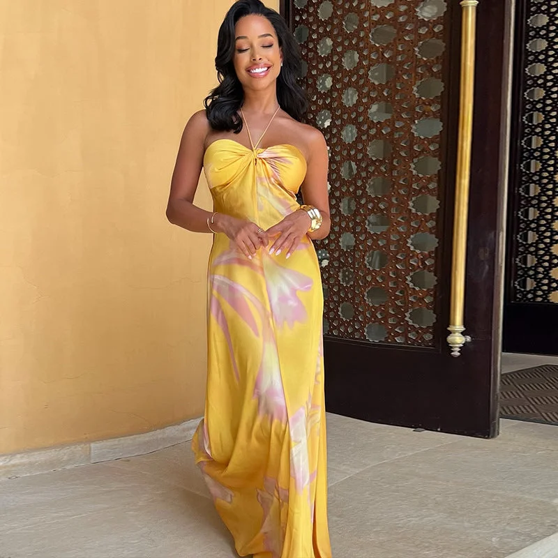 Sexy Gold A Line Halter Maxi Dress Elegant Wraparound Maxi Dress