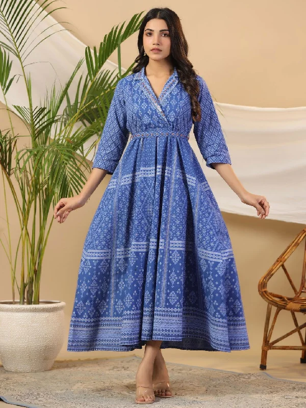 Jashvi Blue Cotton Geometric Printed Fit & Flare Maxi Dress With Contrast Beads & Sequins Stylish Empire Waist Maxi Dress Jashvi Blue Cotton Geometric Printed Fit & Flare Maxi Dress With Contrast Beads & Sequins Stylish Empire Waist Maxi Dress