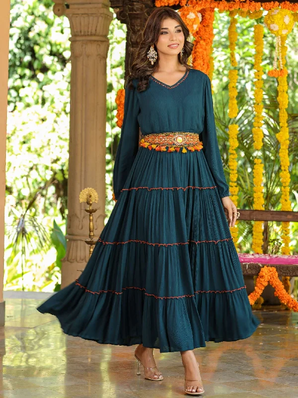 Jashvi Bottle Green Ethnic Motif Printed Rayon Crepe Tiered Maxi Dress With Thread Work Embroidery Fashionable Printed Maxi Dress Jashvi Bottle Green Ethnic Motif Printed Rayon Crepe Tiered Maxi Dress With Thread Work Embroidery Fashionable Printed Maxi Dress