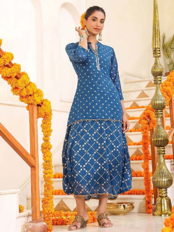 Jashvi Indigo Ethnic Motif Printed Georgette Draped Maxi Dress With Sequins Fashionable Faux Wrap Maxi Dress Jashvi Indigo Ethnic Motif Printed Georgette Draped Maxi Dress With Sequins Fashionable Faux Wrap Maxi Dress