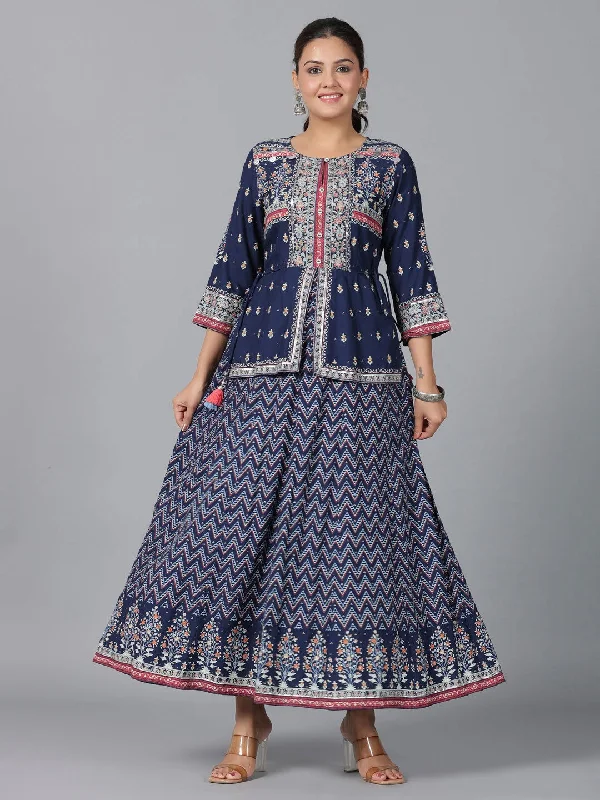 Jashvi Indigo Chevron Printed Shantoon Maxi Dress With Sequins work Comfortable Cotton Maxi Dress Jashvi Indigo Chevron Printed Shantoon Maxi Dress With Sequins work Comfortable Cotton Maxi Dress