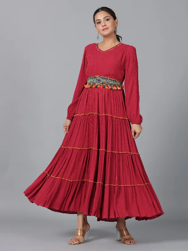 Jashvi Maroon Ethnic Motif Printed Rayon Crepe Tiered Maxi Dress With Thread Work Embroidery Classic V-Neck Maxi Dress Jashvi Maroon Ethnic Motif Printed Rayon Crepe Tiered Maxi Dress With Thread Work Embroidery Classic V-Neck Maxi Dress