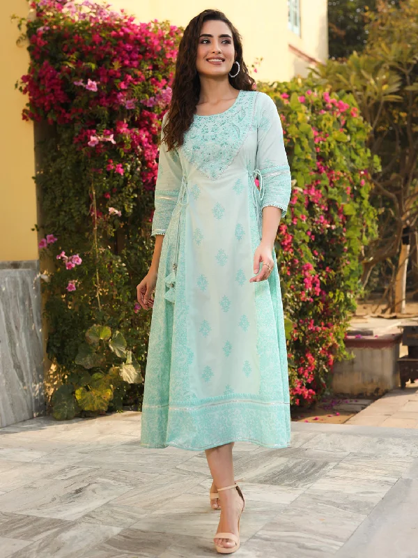 Jashvi Mint Ethnic Motif Printed Pure Cotton Flared Maxi Dress With Beads & Sequins Comfortable Bohemian Maxi Dress Jashvi Mint Ethnic Motif Printed Pure Cotton Flared Maxi Dress With Beads & Sequins Comfortable Bohemian Maxi Dress