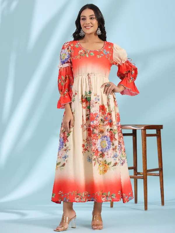 Jashvi Off-White Floral Printed Cotton Maxi Dress With Beads & Sequins Work Fashionable High-Waist Maxi Dress Jashvi Off-White Floral Printed Cotton Maxi Dress With Beads & Sequins Work Fashionable High-Waist Maxi Dress