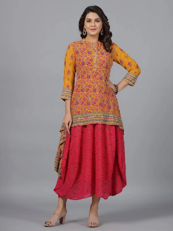 Jashvi  Mustard Floral Printed Georgette Draped Maxi Dress With Sequins Work Comfortable Long-Sleeve Maxi Dress