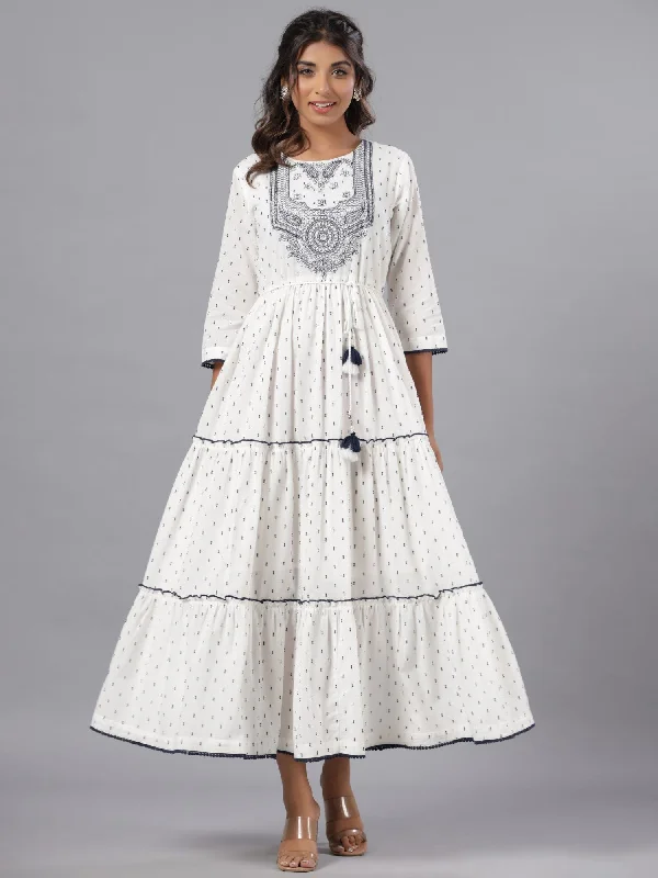 Jashvi Off-White Ethnic Motif Printed Cotton Dobby Tiered Maxi Dress With Thread Embroidery Classic A-Line Maxi Dress Jashvi Off-White Ethnic Motif Printed Cotton Dobby Tiered Maxi Dress With Thread Embroidery Classic A-Line Maxi Dress