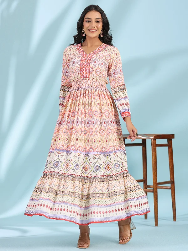 Jashvi Off-White Rayon Geometric Printed Tiered Maxi Dress With Mirror Work Elegant Pleated Maxi Dress Jashvi Off-White Rayon Geometric Printed Tiered Maxi Dress With Mirror Work Elegant Pleated Maxi Dress