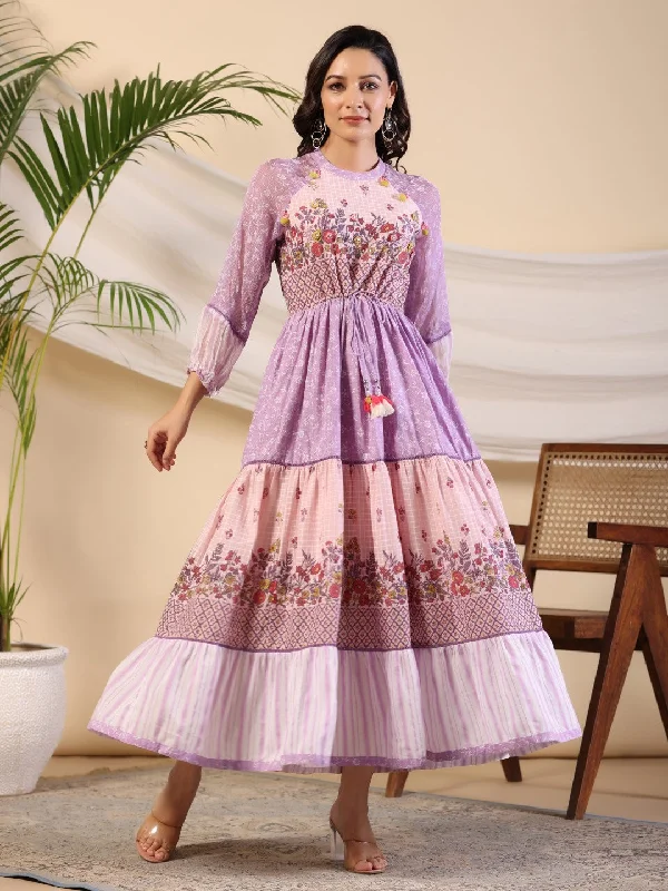 Jashvi Purple Wonderland Cotton & Chiffon Floral Printed Tiered Maxi Dress With Lace & 3D Handwork Fashionable Layered Maxi Dress Jashvi Purple Wonderland Cotton & Chiffon Floral Printed Tiered Maxi Dress With Lace & 3D Handwork Fashionable Layered Maxi Dress