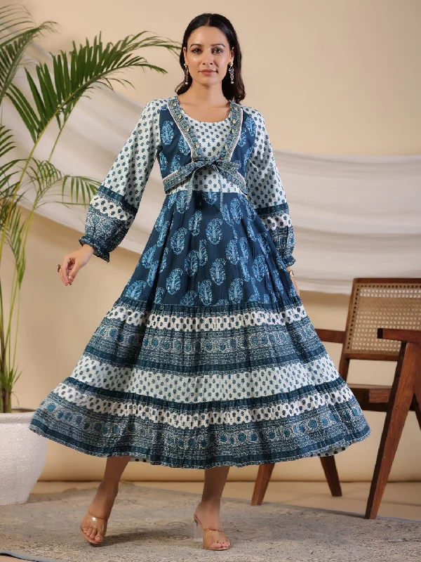 Jashvi The Madhubala Rayon Blue Ethnic Motif Printed Maxi Dress With Contrast 3D Beadwork Sequins & Kaudi Stylish Off-Shoulder Maxi Dress