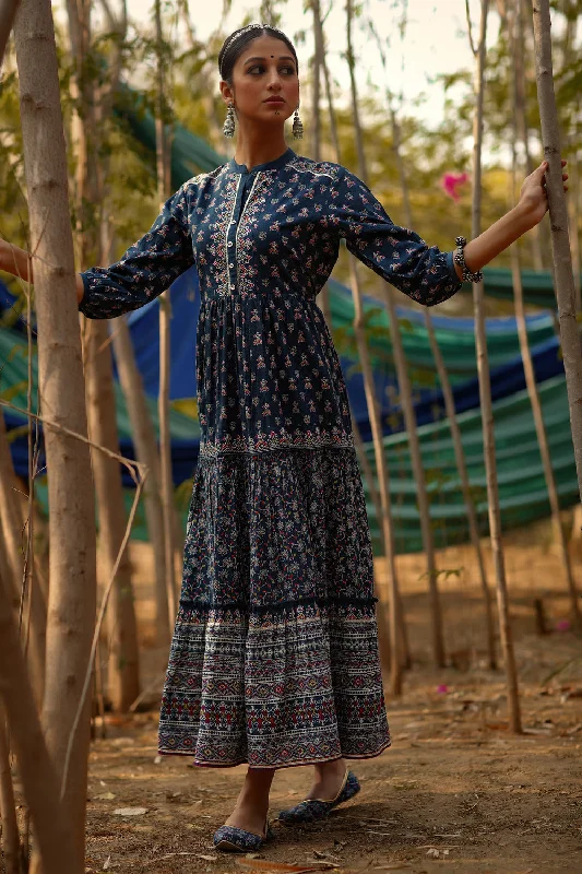 Jashvi Indigo Ethnic Motif Printed Pure Cotton Tiered Maxi Dress. Classic Black Maxi Dress Jashvi Indigo Ethnic Motif Printed Pure Cotton Tiered Maxi Dress. Classic Black Maxi Dress