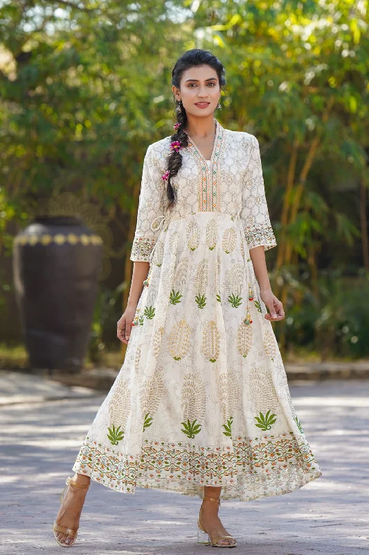 Jashvi Ivory Ethnic Motif Printed Rayon Flared Maxi Dress. Cozy Maxi Dress with Slit Jashvi Ivory Ethnic Motif Printed Rayon Flared Maxi Dress. Cozy Maxi Dress with Slit