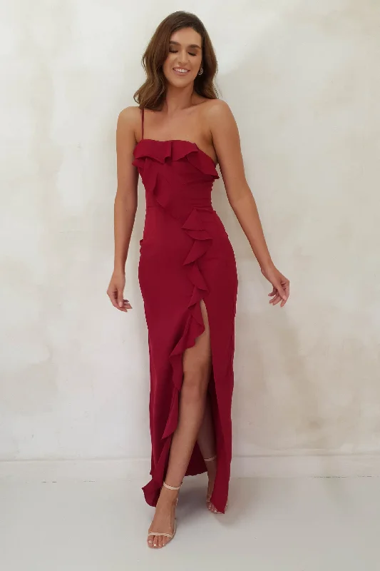 Julien Ruffle Maxi Dress | Berry Red Comfortable Fit-and-Flare Maxi Dress